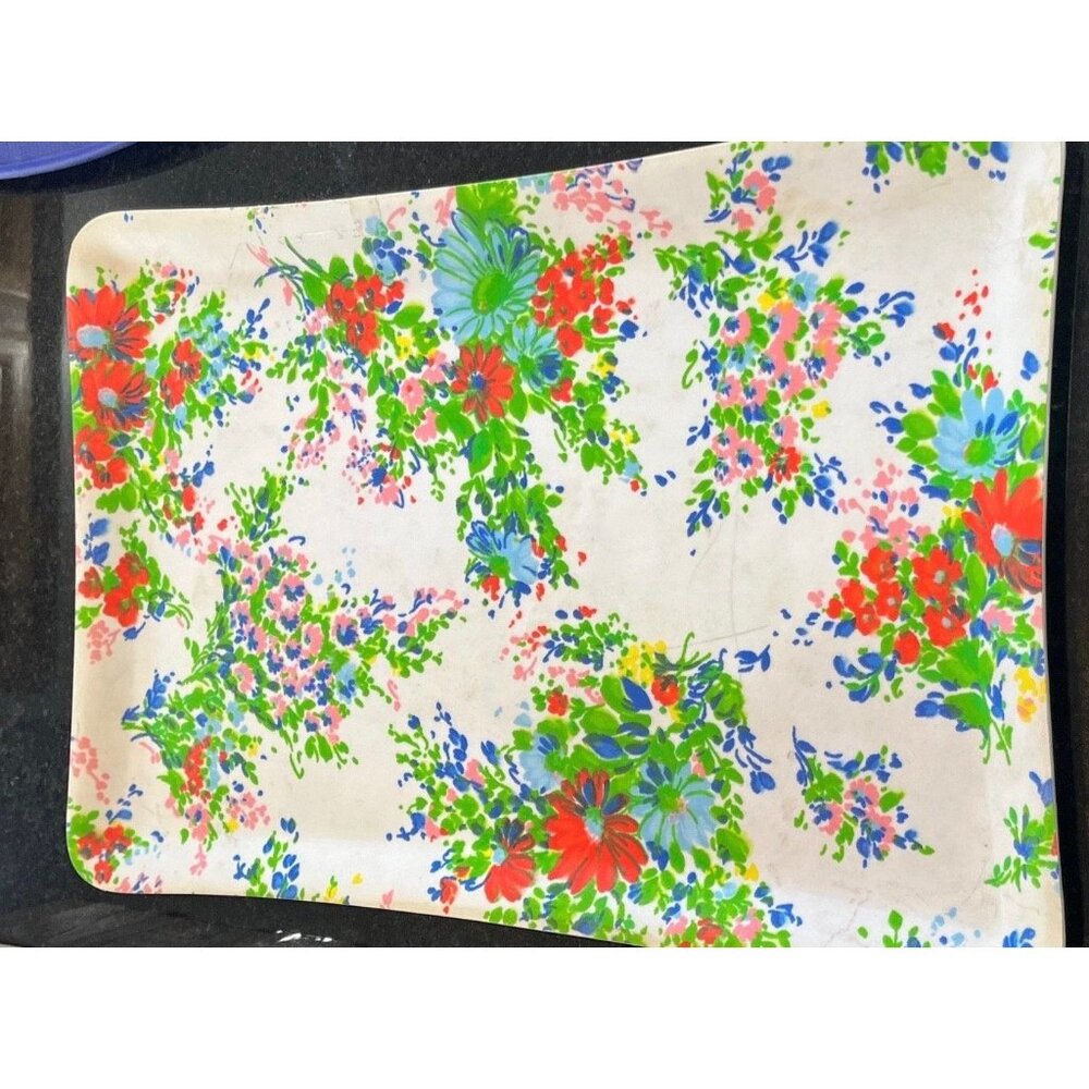 Vtg 1970's Floral Acrylic Tray Serving Tray Original Label On Base 15.5" x 11.5"